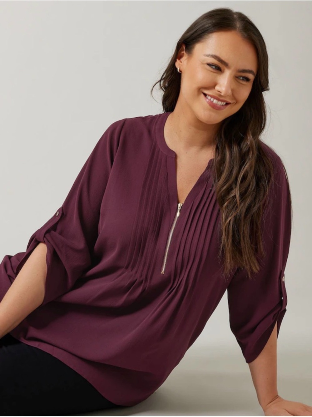 Evans Purple Zip Pintuck Shirt Plus-Size Plum Blouse Gold Zipper & Buttons - Picture 3 of 16